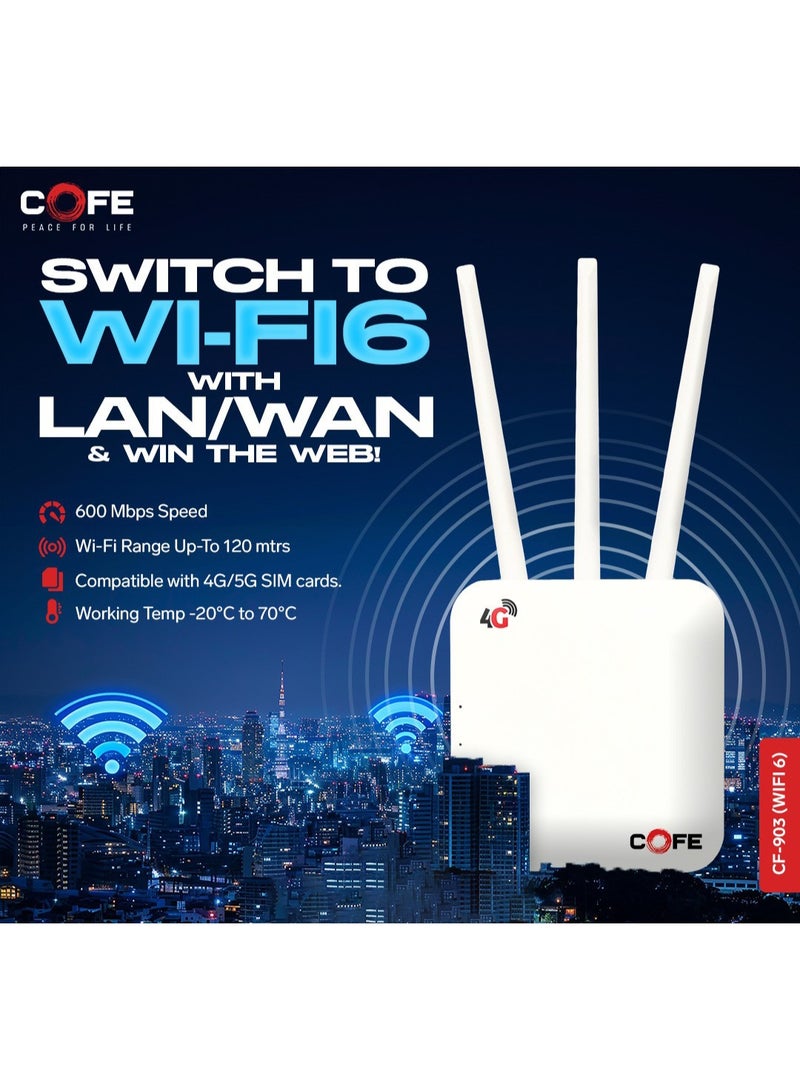 COFE 4G SIM WiFi 6 Router LAN Port, WiFi-6 Triple External Antenna Up to 120m Range Auto LAN/WAN Switching All SIM Support Plug & Play (CF-903) - Image 3
